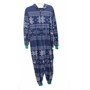 Silver Lily Mens Blue White Polycotton Jumpsuit Pajama Fair Isle Christmas XL